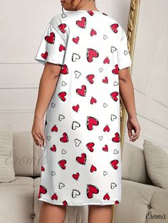 Eromis - Plus Size Womens Casual Nightdress: Plus Heart Print Short Sleeve Sleep Dress with Medium Stretch White V-neck Casual Nightgown, White Short Sleeve Dress For Night, White Heart Print Sleepwear For Spring, White Heart Print Sleepwear For Summer, Night Dresses, Sleep Dress, Womens Casual, Fabric Medium, Collar Dress