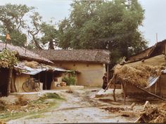 an old photo of a dirt road with houses and trees in the backgrouds