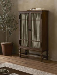 a wooden cabinet sitting next to a potted plant on top of a hard wood floor