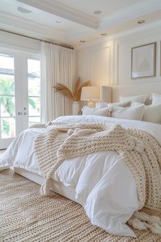 a bed with white linens and blankets in a bedroom