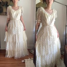 "1960s ruffle lace layer wedding dress In excellent vintage condition. No noticeable stains, but does have that vintage smell.  The dress says size 11, but I gather it's closer to a small/medium today.  Zips at the back.  Comes with petticoat skirt and wires (not pictured) it's a white petticoat and the wires look like they've only been used once.  Measurements are laying flat:  Armpit to armpit:17\" Shoulder to hem: 59\" Waist:14\" Hips: 16\" If you have any questions, please feel free to ask." Lace Victorian Dress With Ruffles For Vintage Events, Victorian Vintage Lace Dress With Ruffles, Lace Victorian Dress With Ruffles For Wedding, Vintage Tiered Dress With Lace Trim, Vintage Tiered Lace Trim Dresses, Vintage Victorian Dress With Lace Bodice, Victorian Style Ruffled Vintage White Dress, Victorian Vintage White Ruffled Dress, Victorian Vintage White Dress With Ruffles