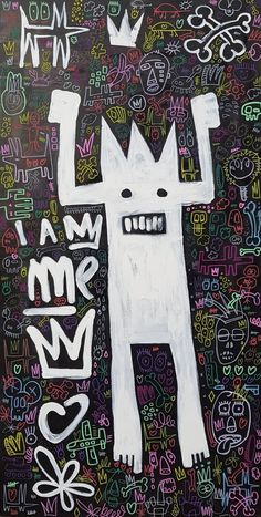 a black and white drawing of a monster with words written all over the wall behind it