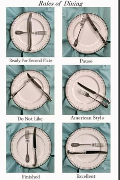 the rules of dining are shown in four different pictures, with forks and spoons on them