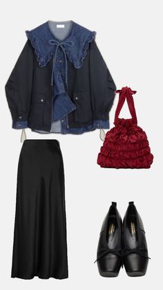 a woman's outfit with black shoes and a denim jacket, skirt, purse