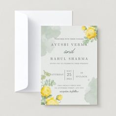 a wedding card with yellow flowers on it