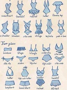 an image of various types of swimsuits and their names in blue on a white background