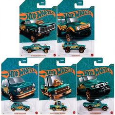 four green and yellow hot wheels trucks are in the package, with orange lettering on them