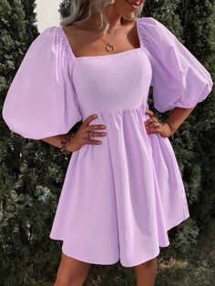 @Rezou - Different colors of dresses❤️🤍💛🧡🖤💙💗💜🛒🛍 - Benable Simple Purple Dress, Vestido Color Lila, Purple Dress Outfits, Purple Dress Short, Vestidos Para Baby Shower, Light Purple Dress, Puff Sleeves Dress, Prom After Party