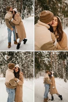 two people are kissing in the snow and one person is wearing a brown coat, while the other has a tan jacket