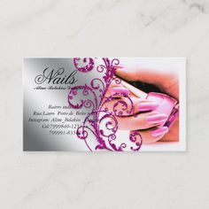 nail salon business card with pink manicures and swirly design on the front