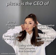 a woman with her hands on her head and the words pisces in front of her