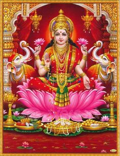 the hindu god sitting on lotuses in front of a red background