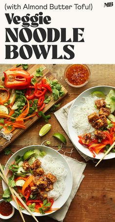 two plates filled with meat and veggie noodle bowls next to chopsticks