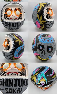 six different types of skulls painted on balls with the words shinjuki soka