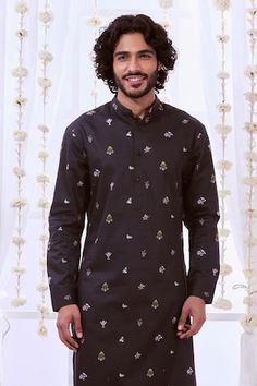 Black straight kurta with multi colored Mughal Darbar printed motifs. Comes with contrasting solid pyjama. - Aza Fashions Black Straight Kurta With Motifs, Black Kurta With Printed Motifs For Festivals, Traditional Black Block Print Kurta, Black Kurta With Motifs For Diwali, Black Block Print Kurta For Diwali, Festive Black Kurta With Printed Motifs, Black Long Sleeve Kurta With Printed Motifs, Black Long Sleeve Kurta With Block Print, Black Printed Cotton Kurta