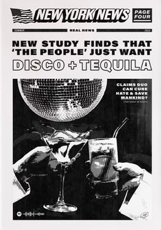 an advertisement for disco and tequila on the front cover of new york news, featuring two people