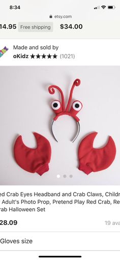 the red crab eyes headband and crab claws are on sale