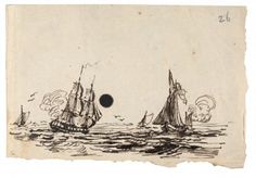 two ships in the ocean with one black dot at the top and another white dot at the bottom