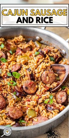 sausage and rice skillet in a pan with a wooden spoon on the side text reads cajun sausage and rice skillet