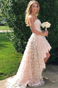 Wedding High-low Dress - Simple A Line Wedding Dresses - Bridelily#promdressuk, #quinceaneradress, #champagne, #lace, #cheap, #ballgown Summer Prom Lace Dress With Lace Patchwork, Summer Prom Lace Dress With Patchwork, Summer Lace Patchwork Prom Dress, Summer Lace Patchwork Dress For Prom, Summer Wedding Dress With Lace Bodice, Sleeveless Dress With Lace Bodice For Beach Wedding, Pink Lace Wedding Dress For Prom Season, Strapless Lace Dress For Wedding Night, Strapless Lace Wedding Night Dress