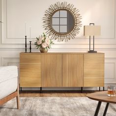 WAMPAT 61" Sideboard Buffet Cabinets with Storage - Oak - Bed Bath & Beyond - 41331826 Modern Organic Home Decor, Fluted Sideboard, Doors For Living Room, Buffet Cabinets, Kitchen Oak, Modern Sideboard Buffet, Dining Lounge, Coffee Bar Cabinet, Wood Media Console