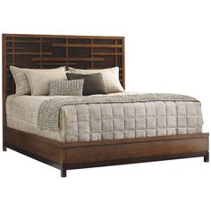 a bed with wooden headboard and pillows on it's bottom shelf, against a white background