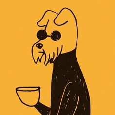 a drawing of a dog holding a cup and looking at something in its mouth while wearing glasses