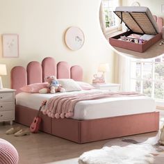 there is a pink bed with an open trunk on it's headboard and a teddy bear in the middle