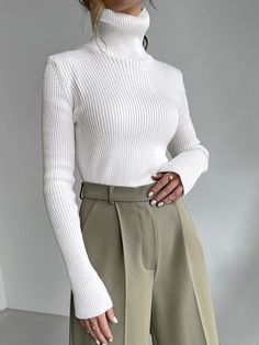 Solid High Neck Slim Knit Sweater Slim Fit Sweater, Tight Sweater, Fitted Turtleneck, Bottoming Shirt, Looks Vintage, High Collar, Look Fashion, Minimalist Fashion, Turtleneck Sweater