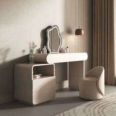 Indulge in a personalized beauty experience with this elegant dressing table, available in two sizes to suit your space perfectly. Its cabinet offers flexibility, allowing left or right placement based on your room layout. The frameless cloud-shaped touch-screen mirror boasts a high-definition surface for crystal-clear reflections, complemented by three-tone lighting that adjusts to your needs, ensuring natural illumination without eye strain. Three intuitive touch controls let you fine-tune you Elegant Dressing Table, Elegant Dressing, Bedroom Makeup Vanity, Dressing Table Vanity, Light Mirror, Small Space Bedroom, Teen Bedroom Furniture, Vanity Design, Bedroom Vanity