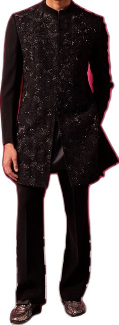 Black Floral Embroidered Sherwani Set Contrast by Parth - Fabilicious Fashion Elegant Nehru Jacket With Mirror Work For Festive Occasions, Elegant Designer Outerwear For Diwali, Elegant Sherwani For Festive Evening, Eid Party Bandhgala With Chikankari Embroidery, Elegant Evening Sherwani For Festive Occasions, Party Embroidered Sherwani Straight Kurta, Designer Festive Evening Outerwear, Festive Party Bandhgala Straight Kurta, Luxury Winter Party Sherwani