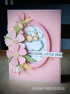 A sweet and pretty handmade greeting card for baby features the phrase "Welcome, little one." The stamped image of a baby bunny asleep on a cloud watched over by his baby bird friend is hand-colored with blending inks and foam mounted for added dimension. The cresent moon is brushed with a touch of Glimmer paint for detail as well as the flower centers. Flowers were diecut and arranged on top of the moon and foam foam mounted for added dimension. The inside is left blank awaiting your personal sentiments.  Images are ©️ Mama Elephant, and sentiment MFT stamps. Die cuts are ©️ Spellbinders and Stampin'Up!  Card is A2 size and measures 4.25" x 5.5" Includes coordinating lined envelope and a plastic storage sleeve. As handmade cards are just that, minor variations in the artwork may occur whe Baby Birthday Card, Sizzix Cards, Hello Bluebird, Welcome Baby Cards, Baby Cards Handmade, Welcome Card, Card Layouts, Cardmaking Ideas, Mama Elephant