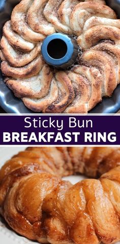 sticky bun breakfast ring with cinnamon rolls in the middle and an image of a pastry on top