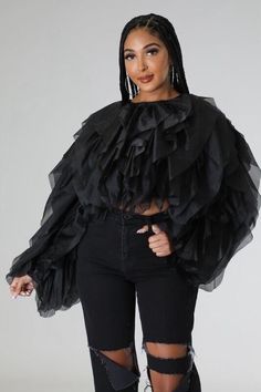 Plus Size Black Long Sleeve Ruffle Tulle Crop Top Blouse  | eBay Tulle Crop Top, Chiffon Crop Top, Risk Taker, Feminine Top, Plus Size Black, Stretch Top, Chiffon Ruffle, Top Round, Crop Top Blouse