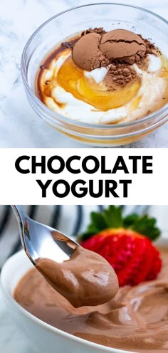 chocolate yogurt in a bowl with spoon and strawberries