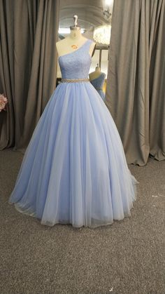 Ideas Para Xv Años, Pastel Blue Gown, Pastel Blue Prom Dress, One Shoulder Ball Gown, Pastel Blue Dress, Blue Evening Gowns, Formal Prom Dress, Formal Ball Gown, Blue Dress Formal