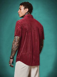 Manfinity AFTRDRK Men Solid Button Front Shirt Red Tops With Buttons And Casual Collar, Men Shirts, Button Front Shirt, Sleeve Detail, Kids Beachwear, Shirt Collar, Red Fashion, Shoulder Sleeve, Stripes Pattern