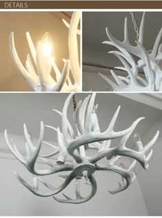 the antler chandelier is white and has several different types of antlers on it