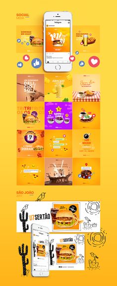 a yellow and orange website design with an image of food items