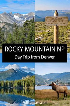 the rocky mountain national park sign is shown in this collage with mountains and trees