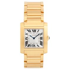 Cartier Tank Francaise Midsize 18K Yellow Gold Watch WGTA0113 4456 - Quartz. 18K Yellow gold case (27mm x 32mm). Golden sunray dial, blued-steel sword-shaped hands, sapphire crystal. 18K Yellow gold link style bracelet with deployant clasp; will fit a 7 inch wrist. Pre-owned with Cartier box & papers. Dated 2023. This is the current model with the new style dial that is sold today and not the previous discontinued model most commonly seen Jeanne Toussaint, Bracelet Cartier, Cartier Tank Francaise, Cartier Tank, Blue Steel, Gold Case, Gold Watch, Cartier, Fashion Bracelets