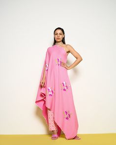 Pink one-shoulder co-ord set: Pink kaftan with sequins detailing with honeycomb pants The model is wearing size S & is 5'8 Fabric : Double GeorgetteColour: PinkDelivery time: 10 Days Embroidery details: Hand embroidery Components: 2 Care: Dry clean only Pink Kaftan, Shirt Jacket Men, Drape Saree, Silk Roses, Co Ord Set, Hand Work, Garment Bags, Dress Suits, Embroidery Details