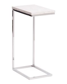 a white side table with metal legs and a square shaped end table in the middle