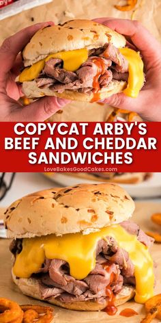 a hand holding a cheeseburger with the words copycat arby's beef and cheddar sandwiches