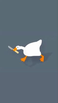 a white duck with an orange beak walking across a gray background and holding a knife in it's mouth