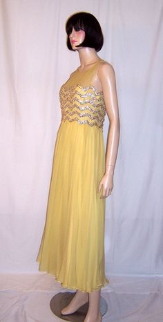 Sleeveless Yellow Embellished Dress, Yellow Embellished Embroidered Fabric For Party, Luxury Yellow Embellished Evening Dress, Yellow 80s Dress, Mid-century Yellow Fitted Dress, Beaded Chiffon, Chiffon Gown, Sleeveless Formal Dress, Bridal Gowns