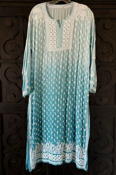 Buy Blue Muslin Silk Lucknowi Kurta at PinkPhulkari California Sharara Suit Pakistani, Phulkari Pants, Lucknowi Kurta, Gharara Suits, Patiala Salwar Suits, Chikankari Embroidery, Plus Size Inspiration, Bridal Dupatta, Phulkari Dupatta