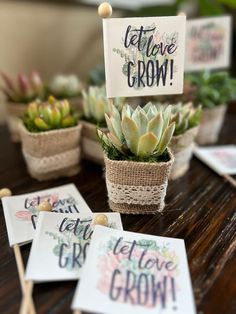 succulents and cards are on the table with small signs that say let love grow