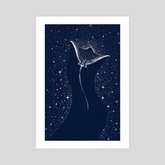 a blue poster with white stars and a bird on it's head in the night sky