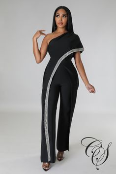 This jumpsuit will show off your sophisticated side girl. Featuring a black figure-hugging fabric, a one shoulder drape neckline and a wide leg fit, just add some strappy heels and statement earrings for a look we're loving. Model is wearing a small Fabric: 90% Polyester 10% Spandex Hand wash cold, line dry. Do not bleach, iron or dry clean. *Inseam 31 inch Size Chart Bandage Jumpsuits, Chic Jumpsuit, Black Figure, Jumpsuit Chic, One Shoulder Tops, Boat Neckline, Affordable Luxury, Unique Dresses, Strappy Heels